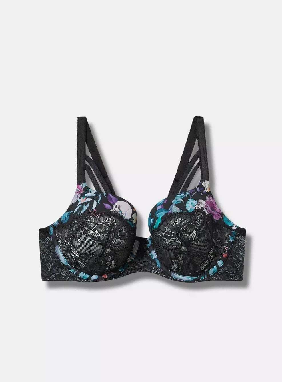 Torrid Skull Gardens Floral Black Lightly Lined Strappy T-Shirt Bra Size 44D
